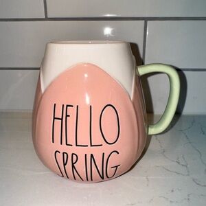 Rae Dunn Pink and White 'Hello Spring' Mug with Green Handle
